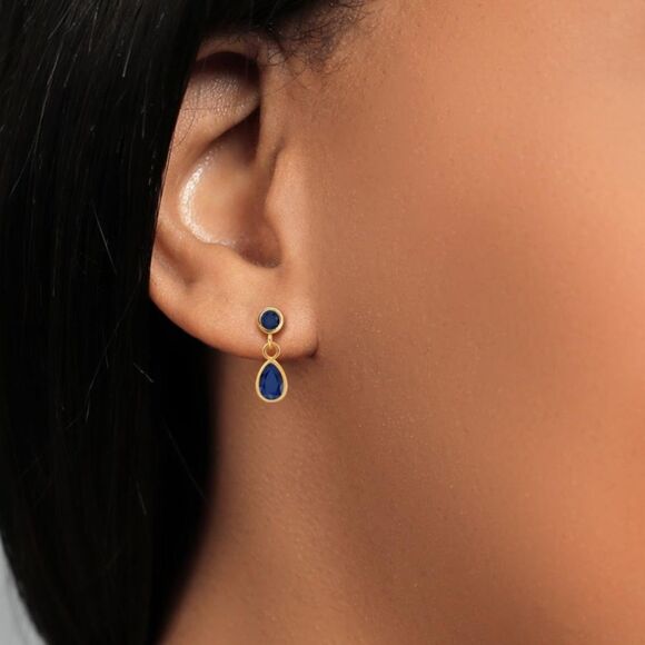 14K Yellow Gold with 1.30 Cttw Navy Blue Sapphire Dangling Post Back Earrings - Picture 3 of 4